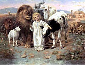 A little child with lion and sheep